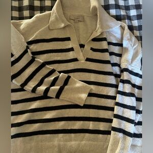 LOFT Women's V-Neck Sweater in Black and Cream Stripes